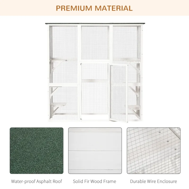 PawHut Outdoor Cat House Big Catio Wooden Feral Cat Shelter Enclosure with Large Spacious Interior, 6 High Ledges, Weather Protection Asphalt Roof, 71" L, White