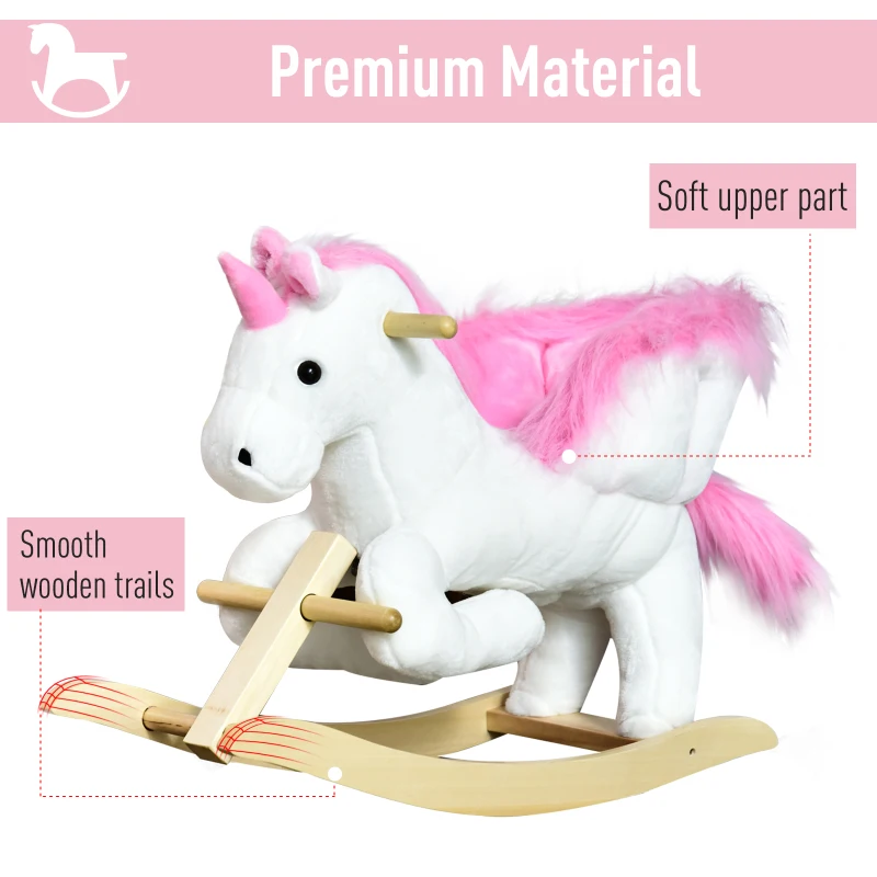 Qaba 22" Kids Wooden Plush Ride-On Unicorn Rocking Horse Toy Rocker with Sing Along Songs Realistic Sounds and Safety Seatbelt