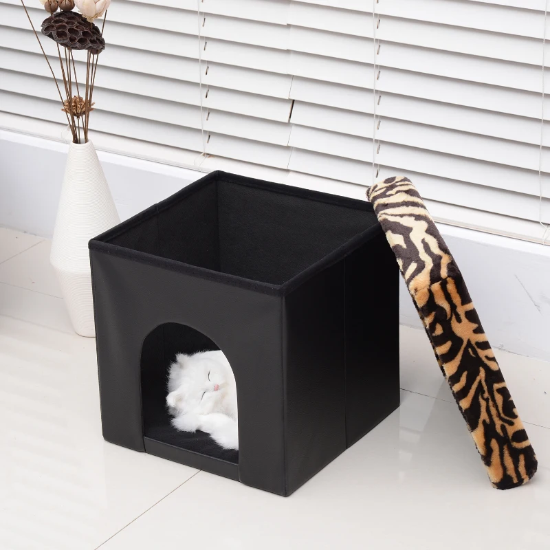 HomCom 15” Foldable Storage Ottoman - Black w/ Tiger Print