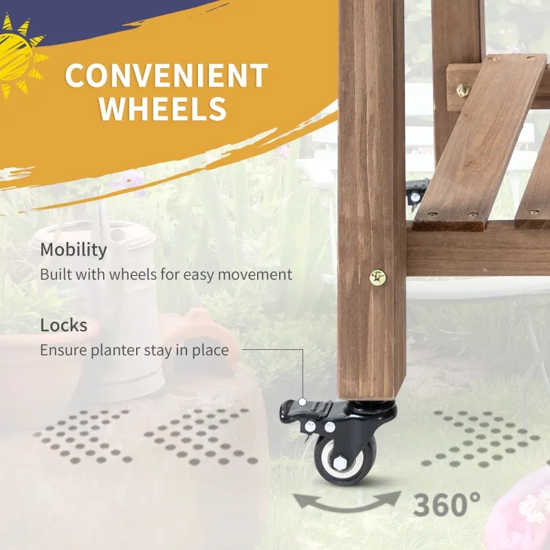 Outsunny Wooden Garden Box, 34.25H with 8 Pockets and Lockable Wheels, Foldable Side Clapboard, Elevated and Self-Draining Design, to Grow Herbs, Vegetables, and Flowers, Brown
