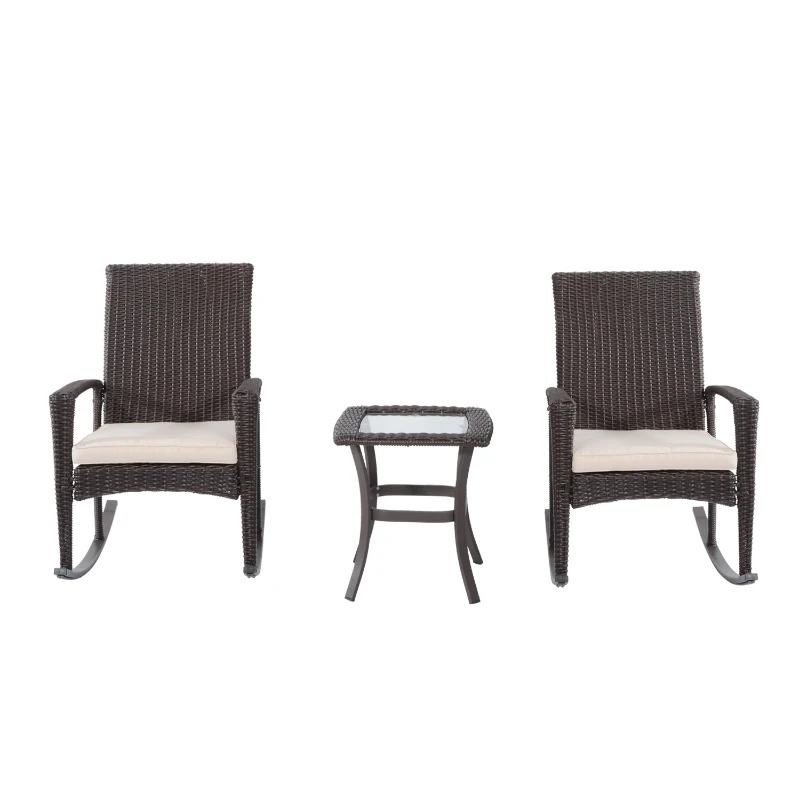 Outsunny 3 Piece Outdoor Rocking Chair and Tea Table Set - Coffee Brown/Beige