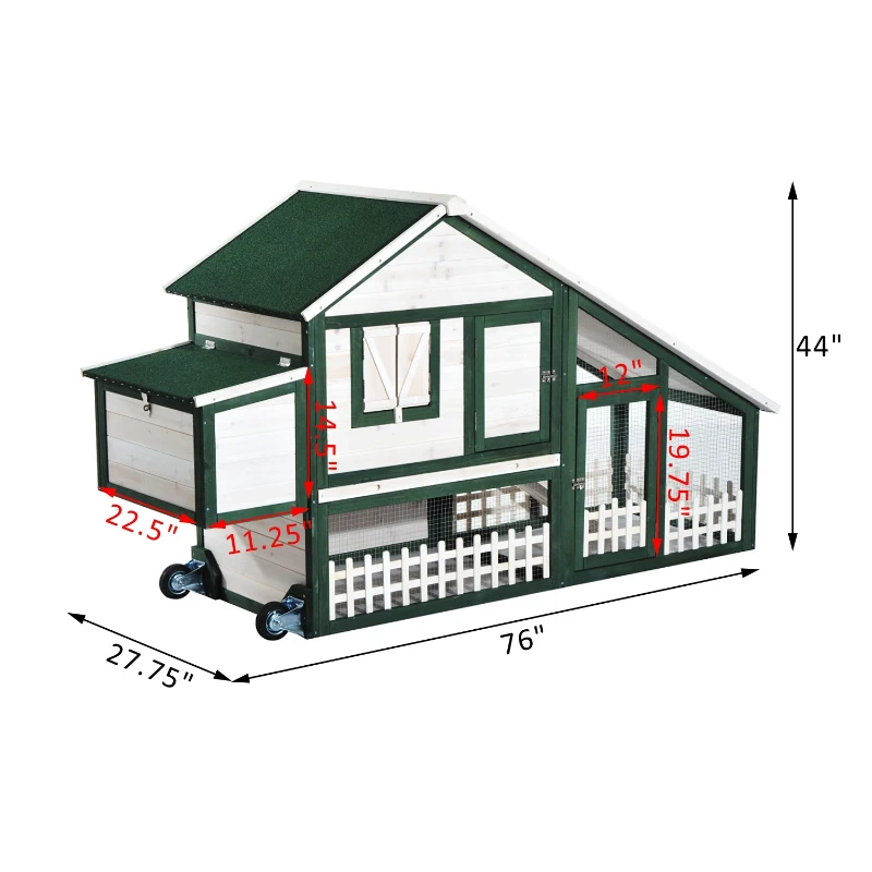 Open Box PawHut 76" Portable Slanted Wooden Chicken Coop Kit With Wheels, Covered Run And Nesting Box 
