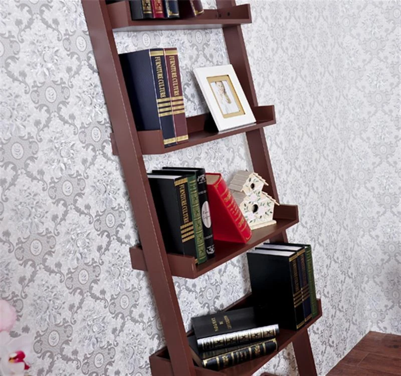 HomCom Brown Wood Leaning Ladder Bookcase Wall Book Shelf Unique 72" High 5-Tier