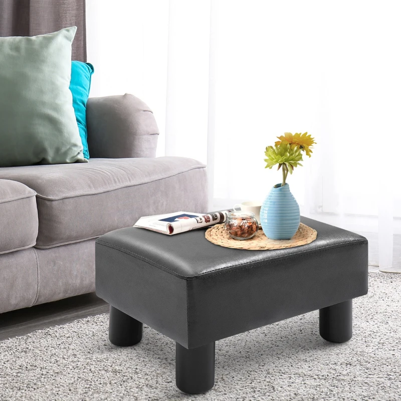 HomCom Portable Faux Leather Cushioned Footrest Stool Ottoman Table Lounge Seat Stepper - Black