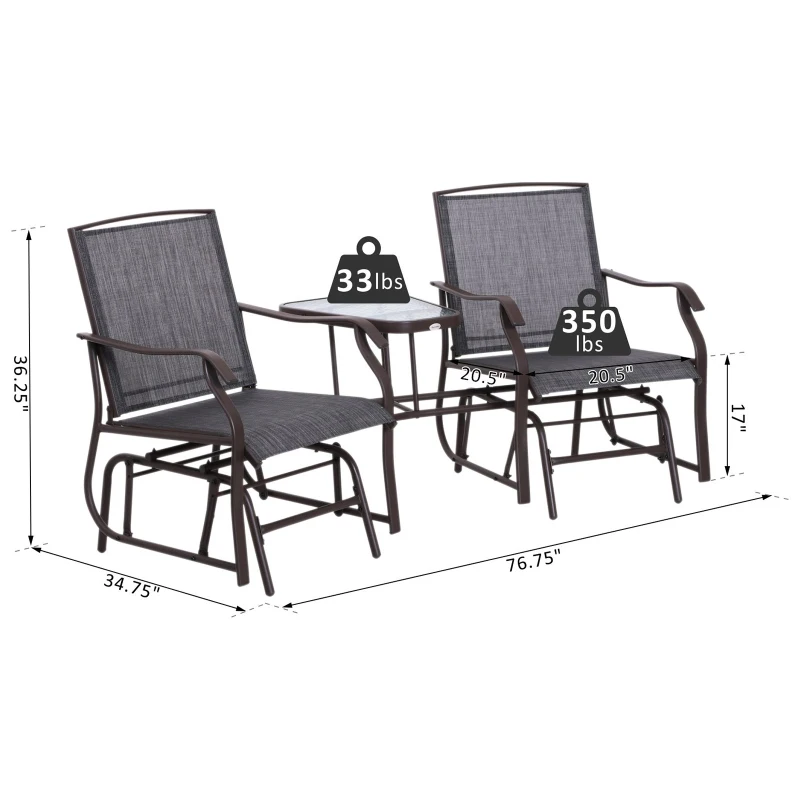 Outsunny Double Patio Glider with Tea Table, Tempered Glass, Outdoor Garden Loveseat - Relaxing Furniture for Couples