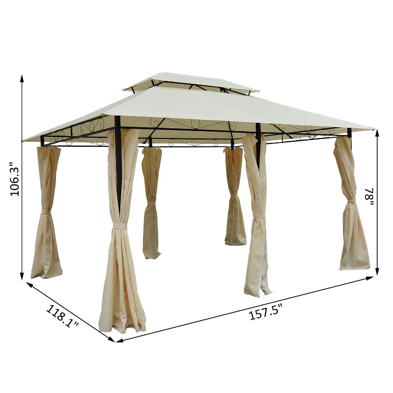 Outsunny 13" x 10" Outdoor Patio Gazebo 2-Tier Roof Pavilion Canopy Tent Steel with Curtains - Cream