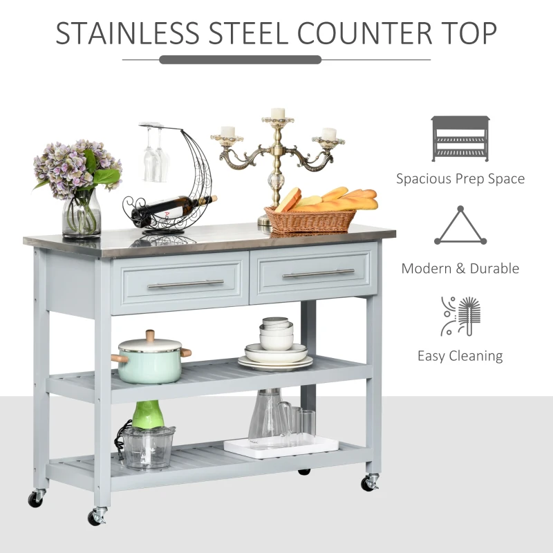 HomCom Wood Stainless Steel Portable Kitchen Island Cart on Wheels - Gray