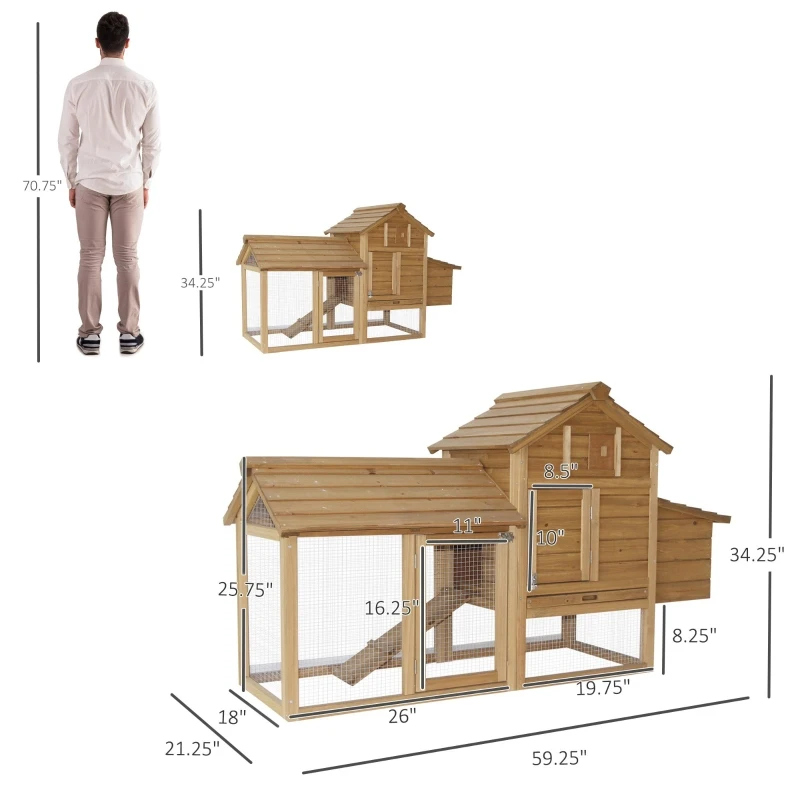 PawHut 59" Wooden Outdoor Hen House Small Animal Livestock Cage Enclosure with Run