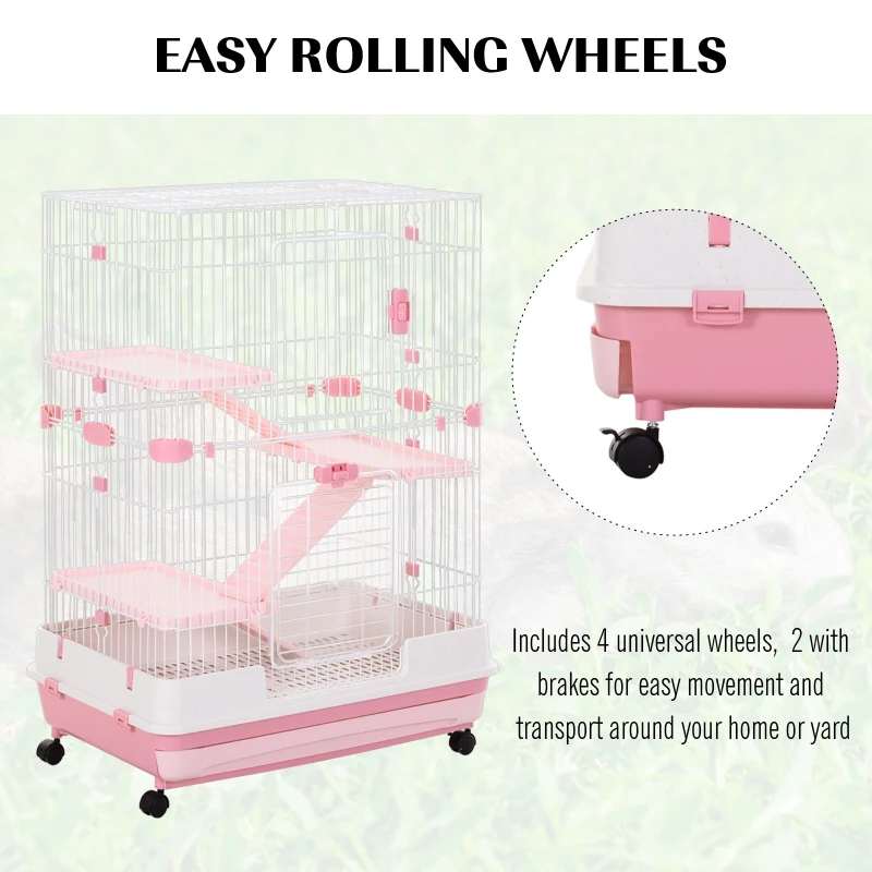 PawHut 4-level Indoor Guinea Pig Hutch Rabbit Enclosure Small Animal Hutch - Pink