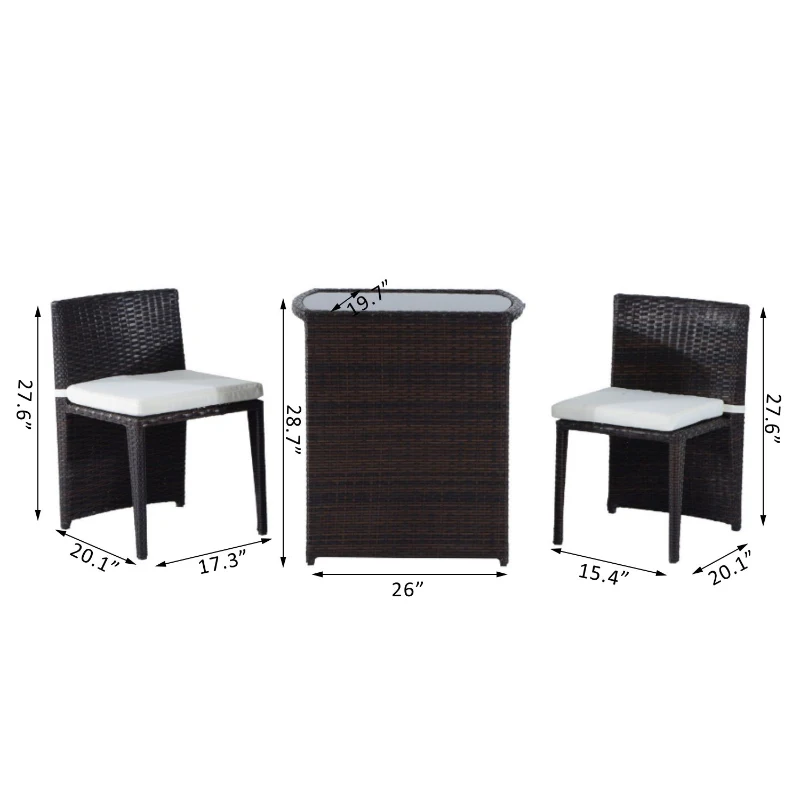 Outsunny 3 Piece Outdoor Patio Rattan Wicker Table and Chair Nesting Furniture Set