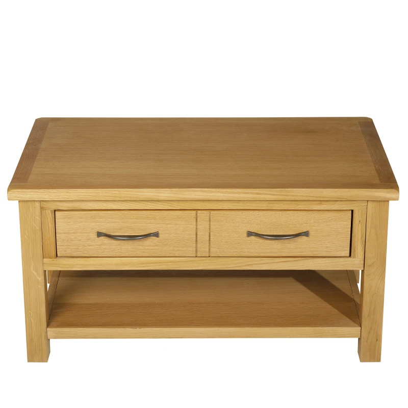 HomCom Solid Oak Frame Rectangle Coffee Table with Drawer and Lower Storage Shelf