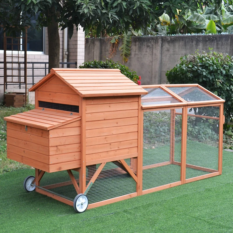 PawHut Large Chicken Coop Pet Farm House Poultry Backyard Run Nest Box W/Wheels - Wood
