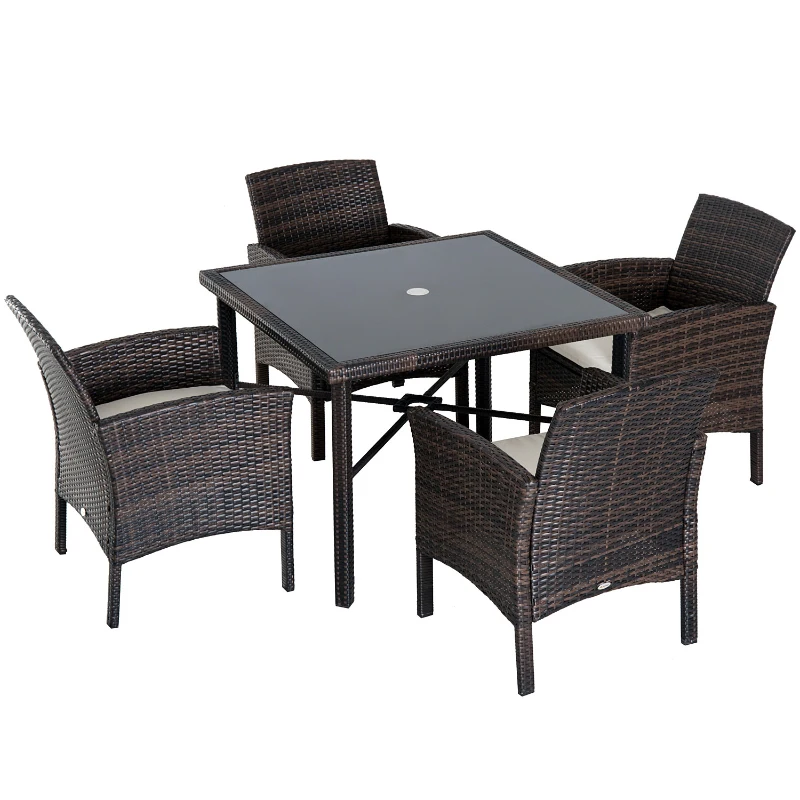 Outsunny 5 Piece Outdoor Patio Rattan Wicker Table Padded Sofa Chair Dining Set