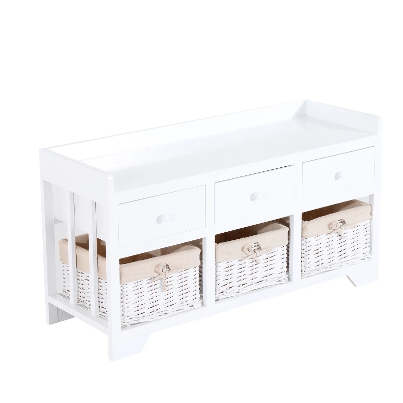 HomCom 39” Rustic Wooden 3 Drawer 3 Basket Storage Bench With Padded Seat  - White/Beige