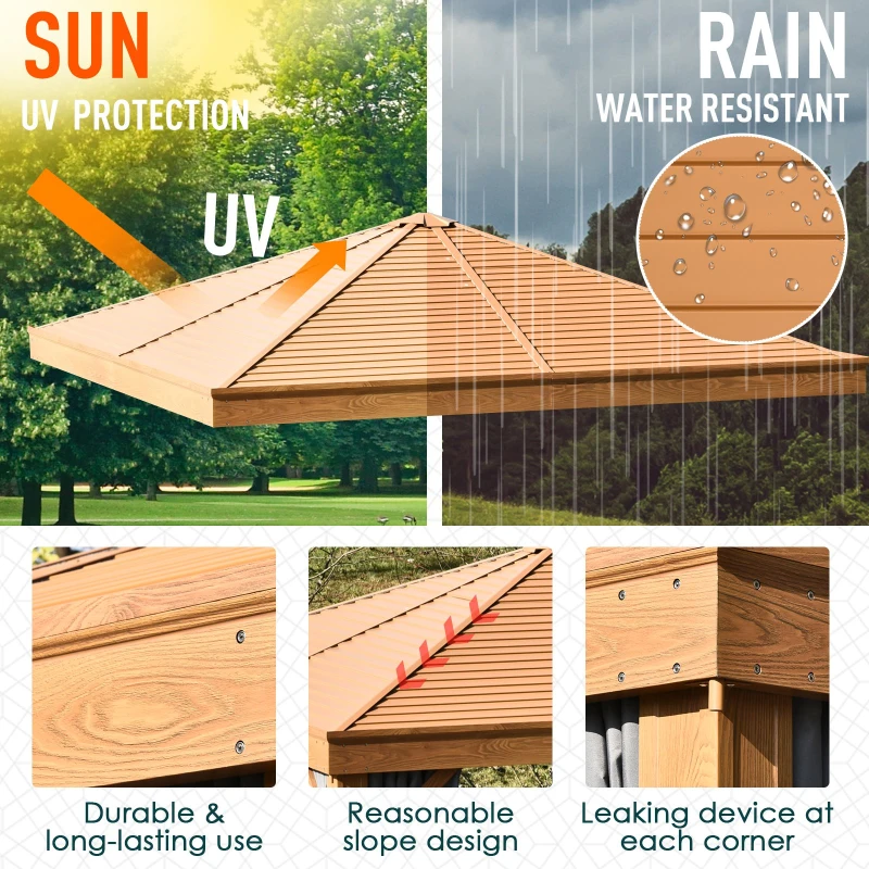 Outsunny 10' x 10' Wood Backyard Hardtop Canopy Gazebo with Screened Curtains, Sling Netting and Strong Frame