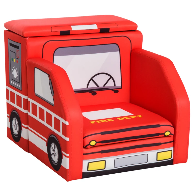 Qaba Kid's Sofa Chair Fire Truck Shape Storage Box 17" Multi Spandex Storage Sofa Chair - Fire Engine