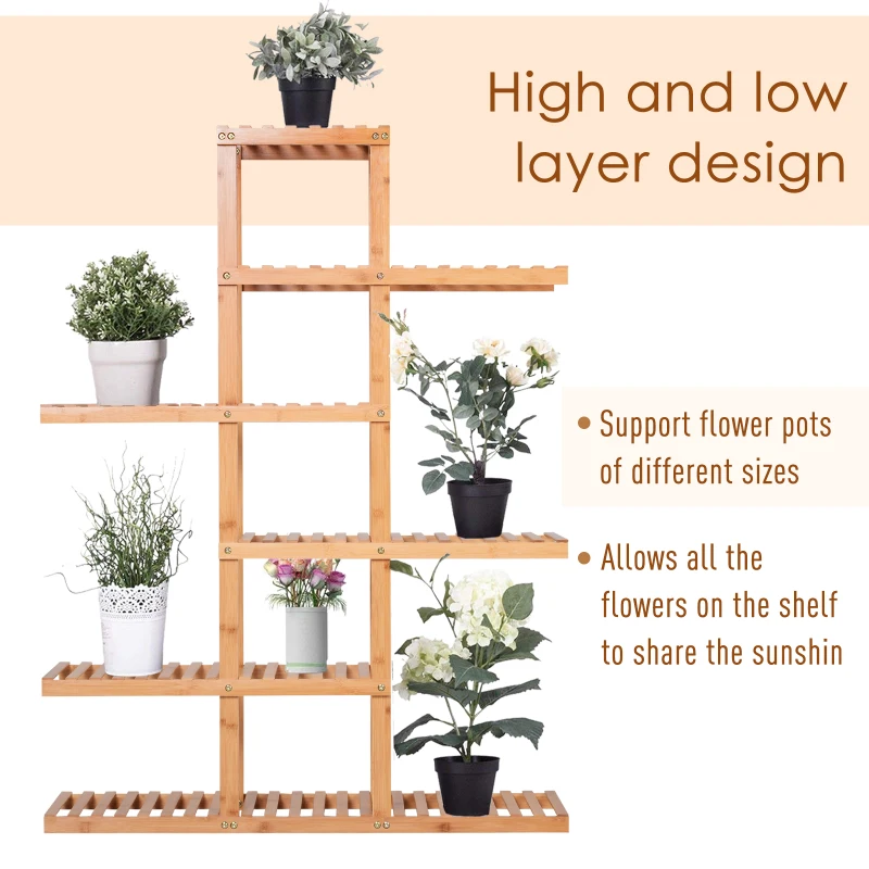 HOMCOM Bamboo Wood Plant Stand Slat Shelf Flower Pots Holder Bathroom Display Rack Utility Storage Shelving Unit Slatted