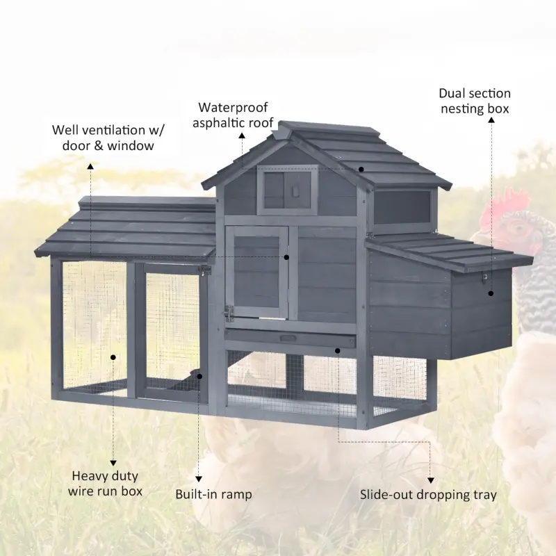 PawHut 59" Solid Wood Enclosed Outdoor Backyard Chicken Coop Kit with Nesting Box - Grey