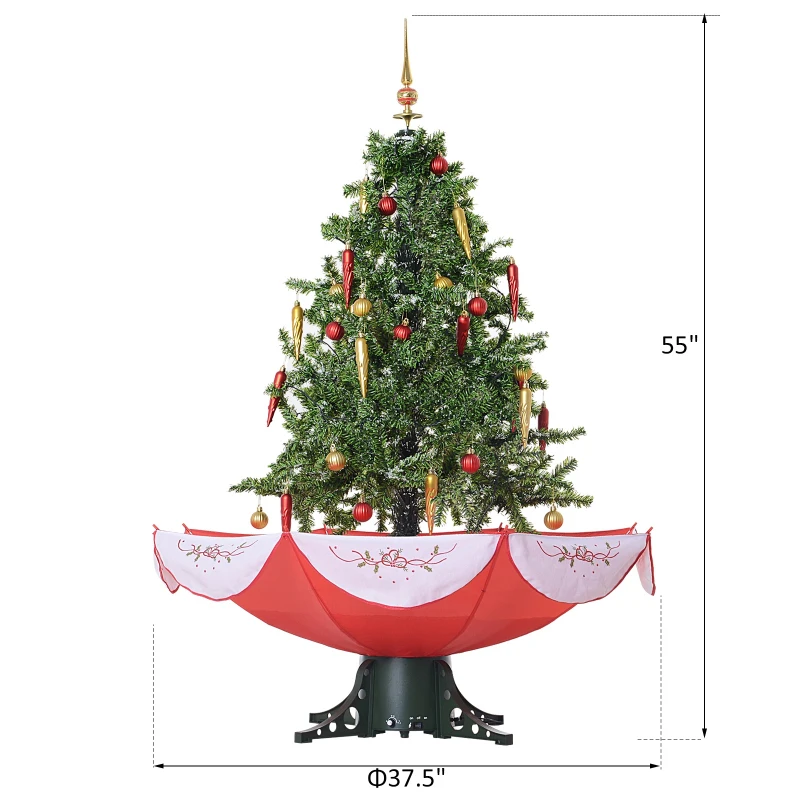 HOMCOM 4.5' Pre-Lit Musical Tabletop Snowing Artificial Christmas Tree with Umbrella Base and Ornaments  Green