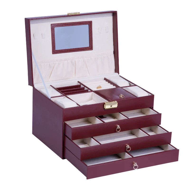 HomCom Lockable 3-Drawer Jewelry Storage Box - Wine Red