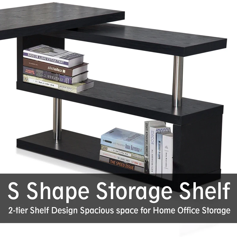 HomCom Foldable Convertible Rotating Office Desk Shelf Combo Writing Table - Black