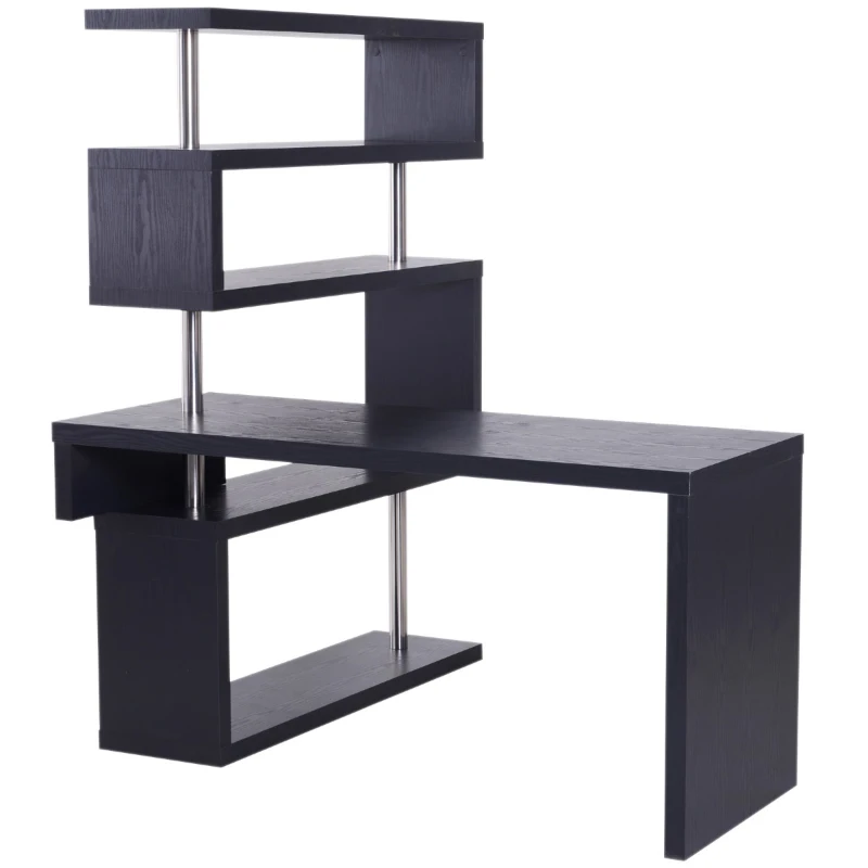 HomCom Rotating Home Office Corner Desk and Storage Shelf Combo - Black Wood Grain