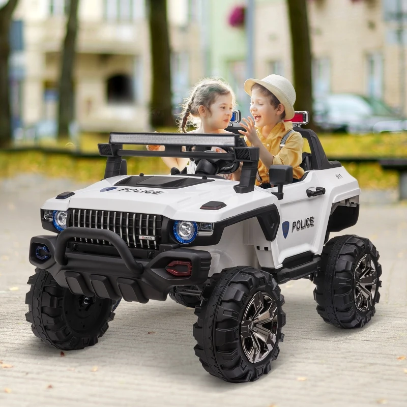 Aosom 12V Ride On Car 2- Seat Police Truck w/ Remote Control & 3 Speeds & LED Light Bar and Audio Input - White