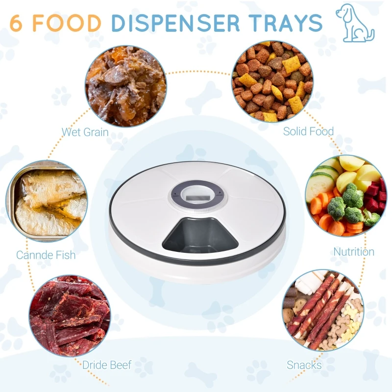 PawHut Auto 6 Meal Trays for Wet or Dry Cat Food, Dog Meal Dispenser w/ Timer, 128 ml