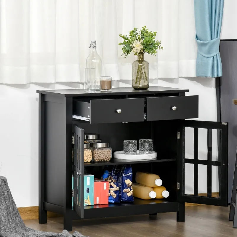 HOMCOM Sideboard Buffet Cabinet, Storage Cupboard with Glass Doors, Adjustable Shelf and 2 Drawers for Kitchen, Black