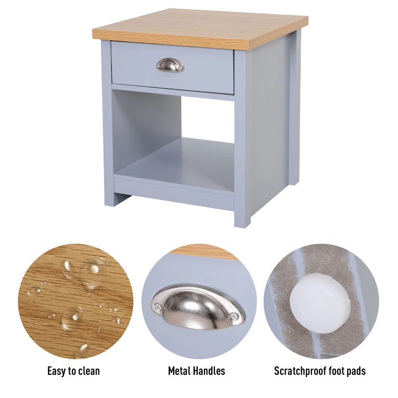 HOMCOM Wood Grain Small Space Nightstand Sofa Table Drawer Bottom Shelf Home -  Grey
