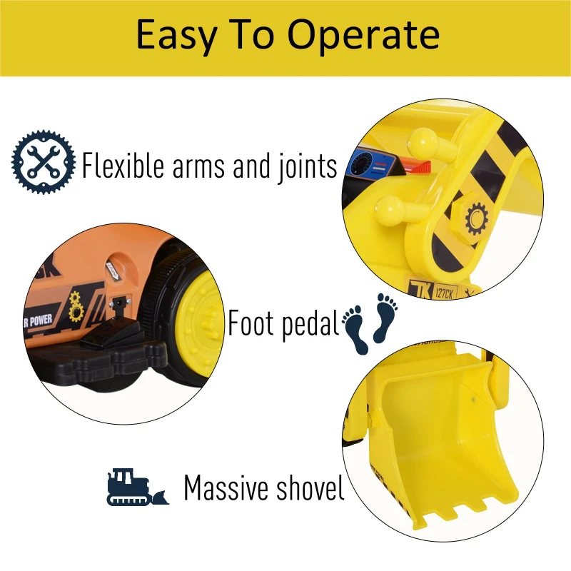 Open Box Aosom 6V Electric Construction Ride-On Excavator Toy Vehicle for Kids with Music, Lights and Shovel