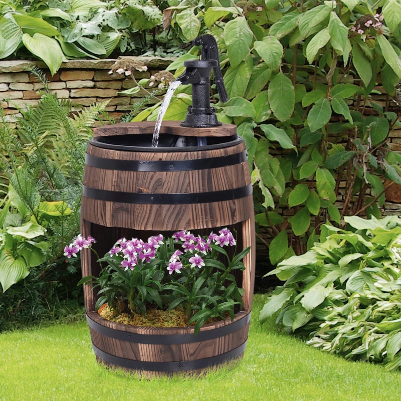Outsunny Barrel Water Fountain Wood Metal Rustic Outdoor Apple Garden Decor Pump with Flower Planter