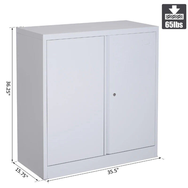 HomCom 36" Counter Height Metal Locking Storage Cabinet with 2 Adjustable Shelves - White