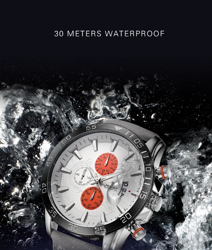 Senors Orange Dial Men's Chronograph Watch Grey Genuine Leather Strap Quartz Watch Auto Date Sports Mens Watches Internet Celebrity