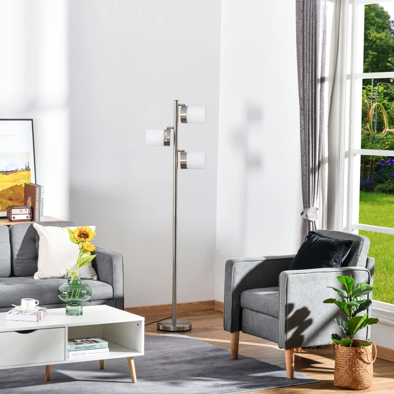 HOMCOM Modern Floor Lamp, Standing Lamp with 3 Rotating Lights for Living Room, Bedroom, Office, Silver