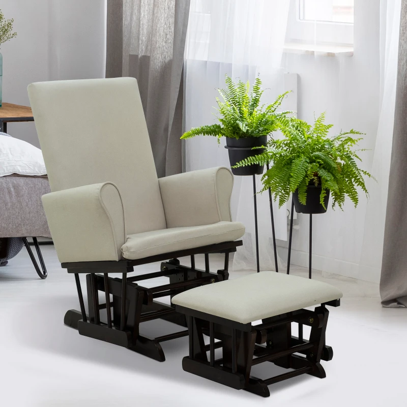 HomCom 2 Piece Rubberwood Linen Glider Rocking Chair with Ottoman Set - Cream White