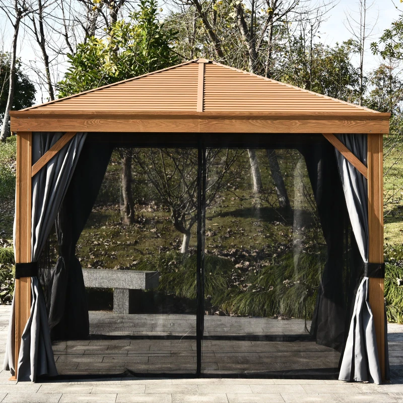 Outsunny 10' x 10' Wood Backyard Hardtop Canopy Gazebo with Screened Curtains, Sling Netting and Strong Frame