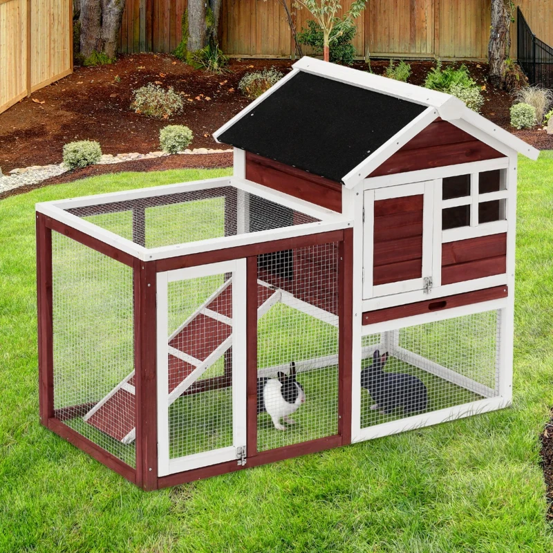 PawHut 48" Wooden Rabbit Hutch Bunny Cage Pet House w/Ladder and Outdoor Run