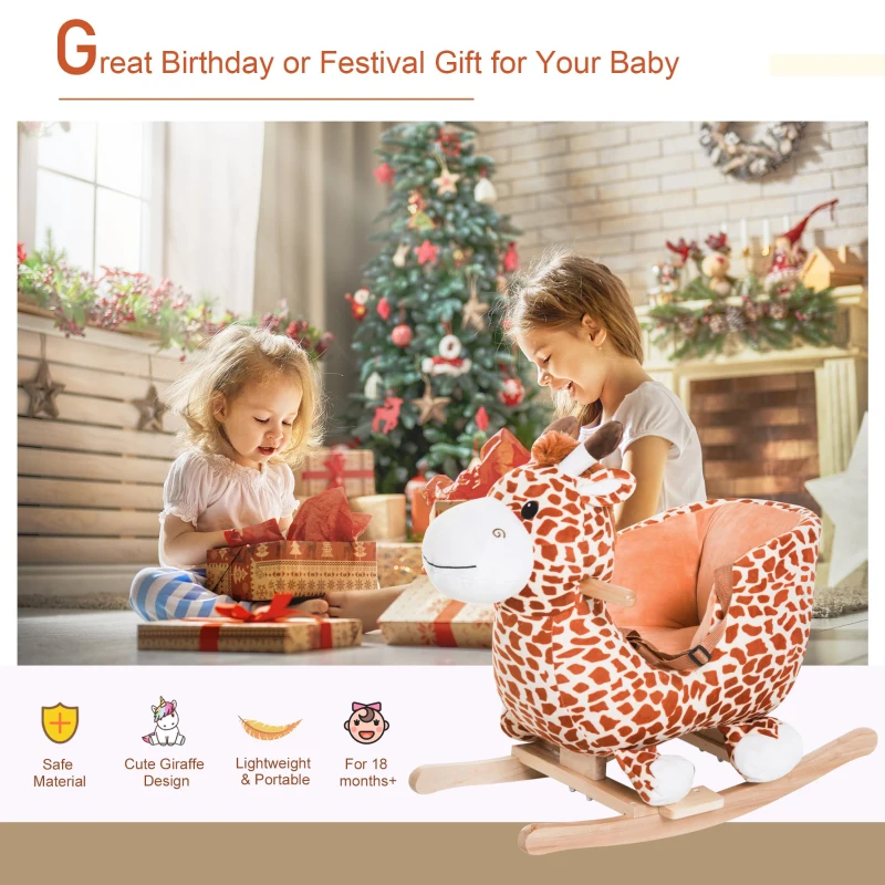 Qaba Kids Plush Rocking Horse, Vintage Giraffe Rocker Chair with Soft Seat for Toddlers, Fun Toy Plush Animal Ride-On for Nursery Room