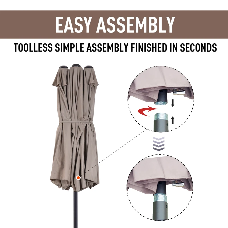 Outsunny 15' Double Sided Market Patio Umbrella, Steel Outdoor Shade Canopy for Garden and Poolside, Tan