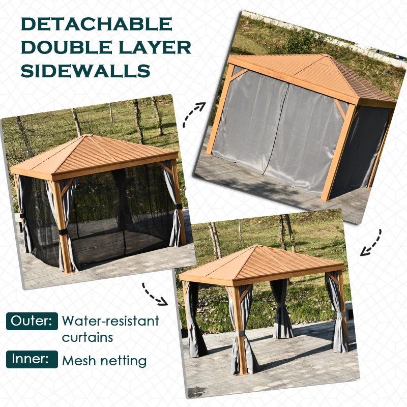 Outsunny 10' x 10' Wood Backyard Hardtop Canopy Gazebo with Screened Curtains, Sling Netting and Strong Frame