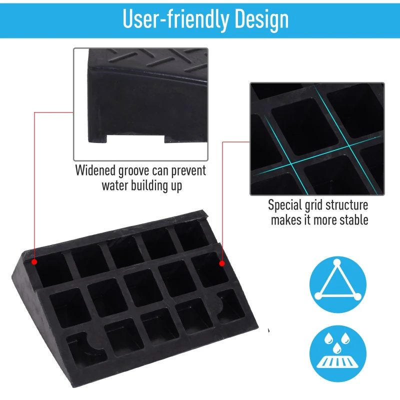 HOMCOM Set of Two Outdoor Portable Car Vehicle Rubber Curb Ramps 2PC Heavy Duty Threshold Ramp Kit Set for Driveway Loading Dock Sidewalk Car Truck Scooter Bike Motorcycle Wheelchair Mobility 19" L x 12.5" W x 5" H
