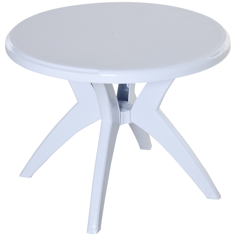 Outsunny Round Patio Dining Table with Umbrella Hole for Garden Lawn Backyard, White
