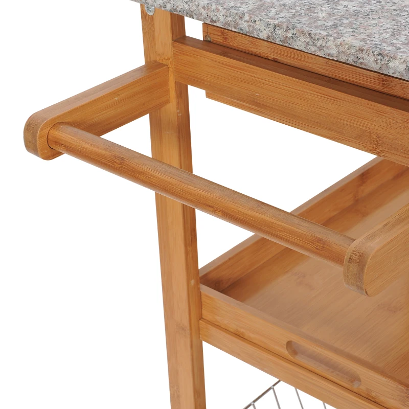 HomCom 31” Wooden Kitchen Island Rolling Storage Cart With Granite Top and Wine Rack