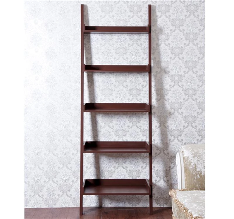 HomCom Brown Wood Leaning Ladder Bookcase Wall Book Shelf Unique 72" High 5-Tier
