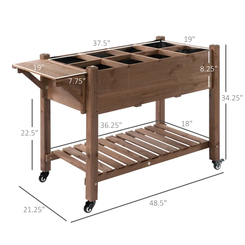 Outsunny Wooden Garden Box, 34.25H with 8 Pockets and Lockable Wheels, Foldable Side Clapboard, Elevated and Self-Draining Design, to Grow Herbs, Vegetables, and Flowers, Brown