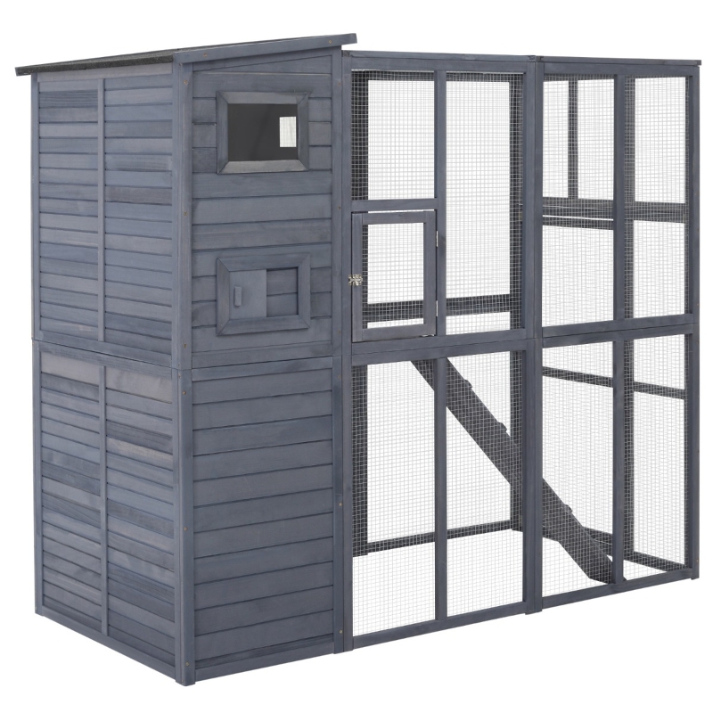 PawHut Large Wooden Outdoor Cat House with Large Run for Play, Catio for Lounging, and a Condo Area for Sleeping/Living
