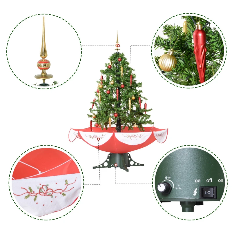 HOMCOM 4.5' Pre-Lit Musical Tabletop Snowing Artificial Christmas Tree with Umbrella Base and Ornaments  Green