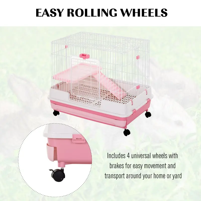 PawHut 32" Indoor Rabbit Enclosure Small Animal House Habitat with Wheels - Pink