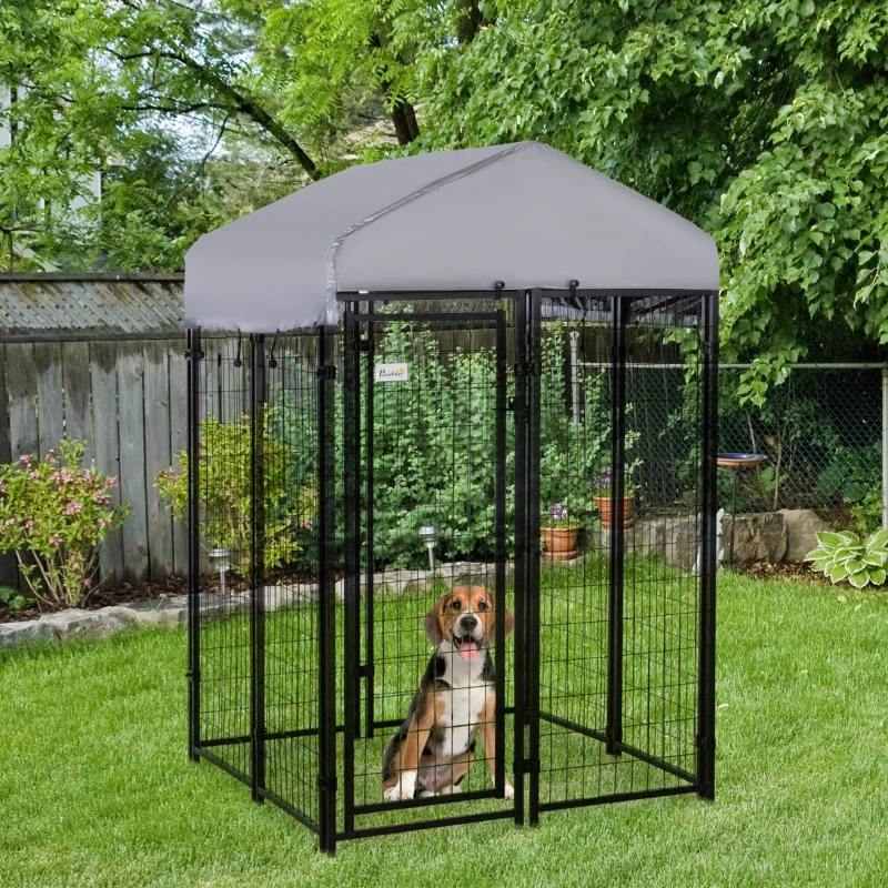 PawHut Outdoor Dog Kennel Run House Crate Cage Enclosure Anti-Sun Roof Patio Pet Shelter - Gray and Black
